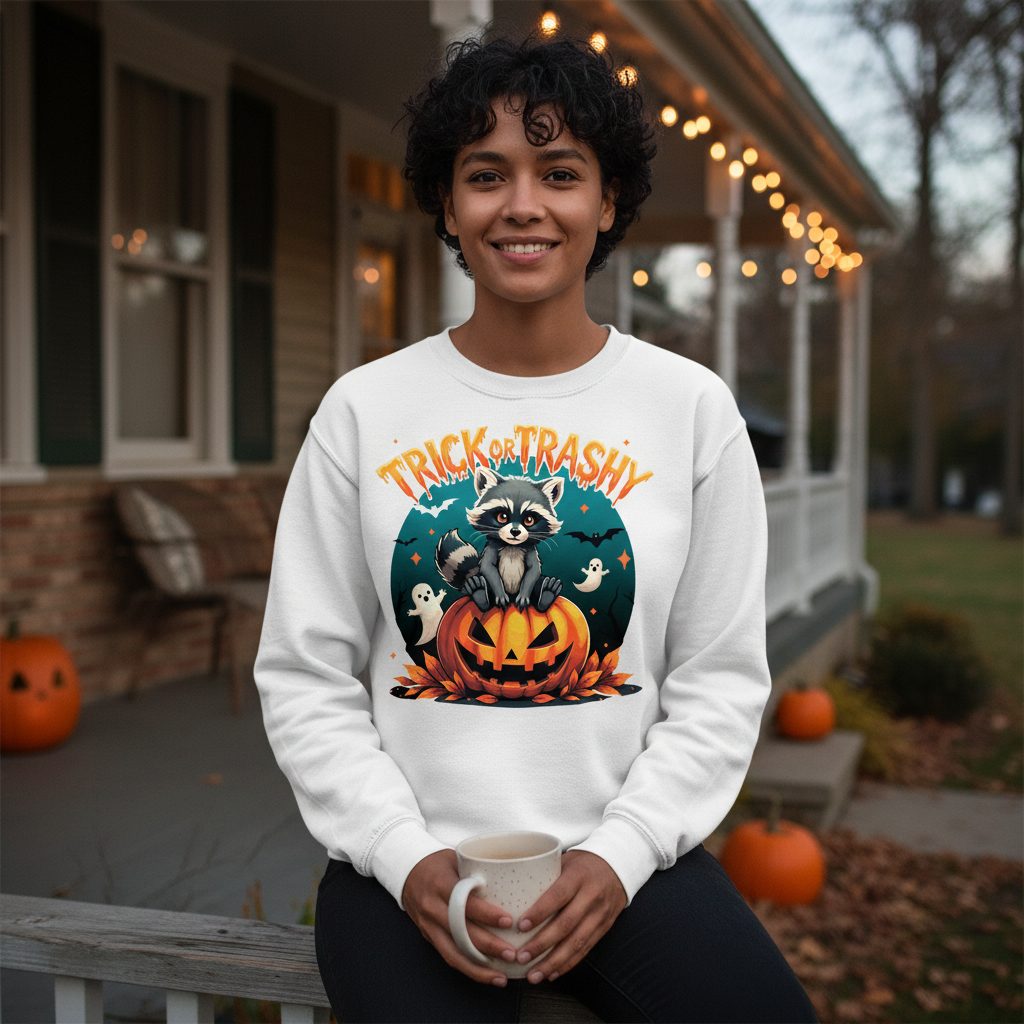 Trick or Trashy Halloween raccoon Sweatshirt White lifestyle mockup