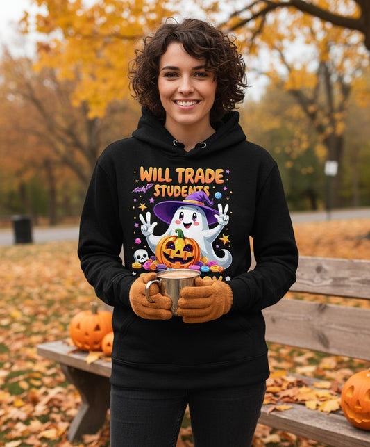 Will Trade Students for Candy teacher Halloween Hoodie Black lifestyle mockup