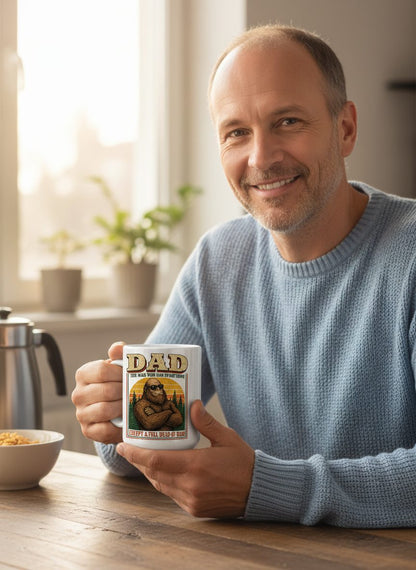 Dad the Man Who Has Everything Except a Full Head of Hair Funny Bigfoot White Mug - lifestyle model mockup - White