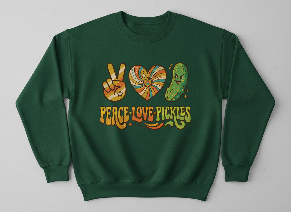 Peace Love Pickles Retro 70s Hippie Design Sweatshirt - Forest Green