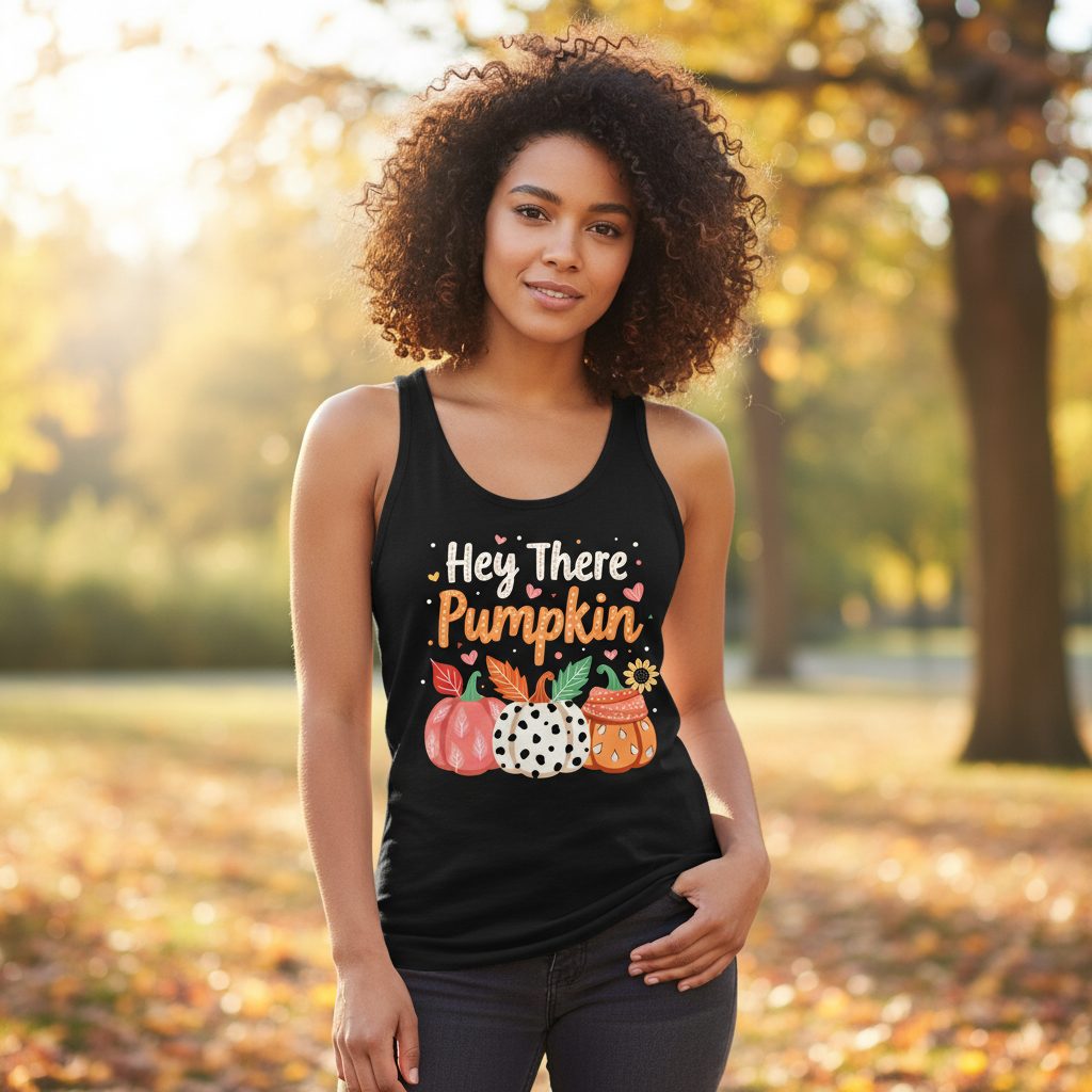 Hey There Pumpkin fall pumpkins Tank Top Black lifestyle mockup