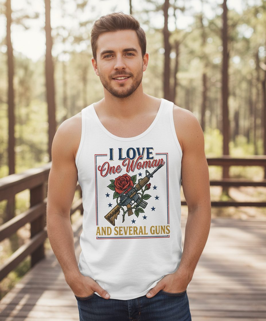 I LOVE One Woman AND Several GUNS Funny Pro-Gun Tank Top - lifestyle model mockup - White