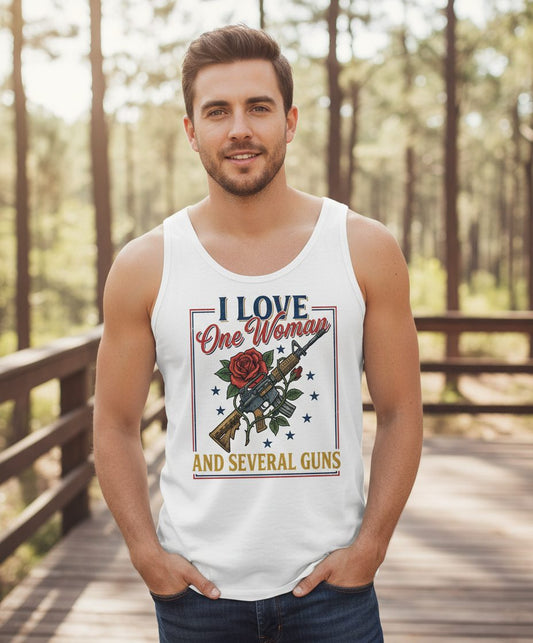 I LOVE One Woman AND Several GUNS Funny Pro-Gun Tank Top - lifestyle model mockup - White