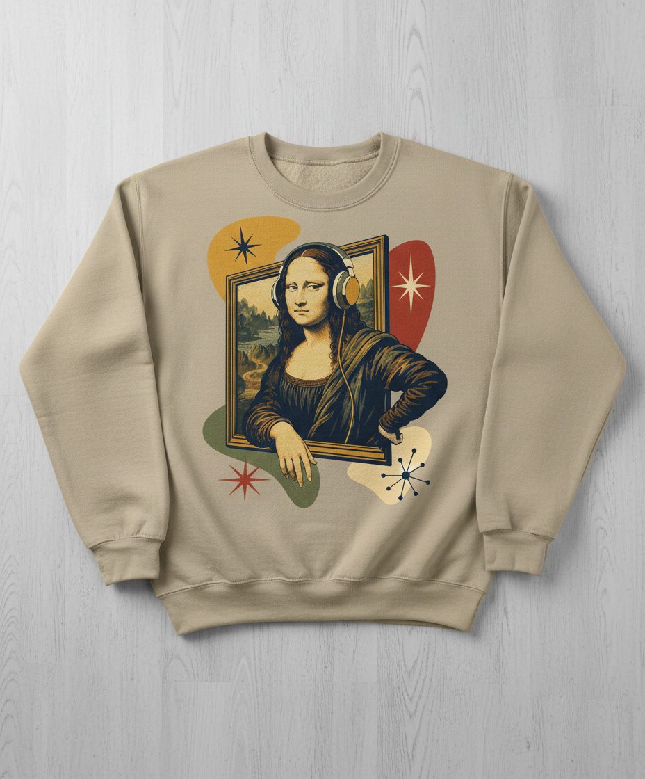 Mona Lisa Listening Retro Art Funny Parody Sweatshirt - product mockup - Sand