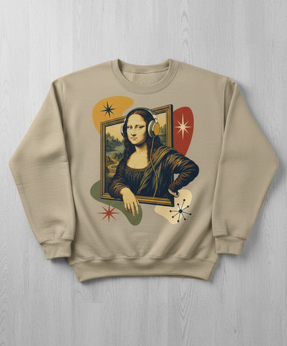 Mona Lisa Listening Retro Art Funny Parody Sweatshirt - product mockup - Sand