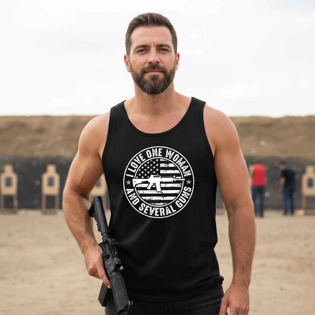 I LOVE ONE WOMAN AND Several GUNS Funny Gun Owners Tank Top - lifestyle model mockup - Black