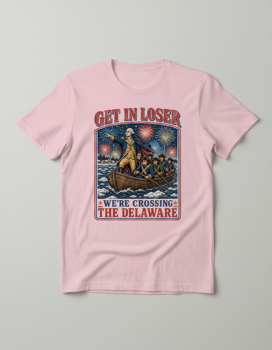 Get in Loser We're Crossing the Delaware T-Shirt - product mockup - Light Pink