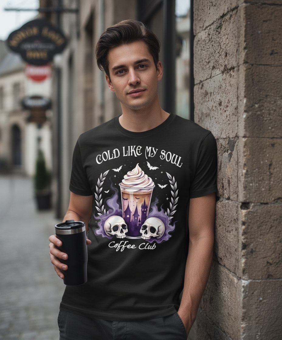 Cold Like My Soul Coffee Club gothic iced coffee T-Shirt Black lifestyle mockup