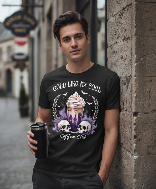 Cold Like My Soul Coffee Club gothic iced coffee T-Shirt Black lifestyle mockup