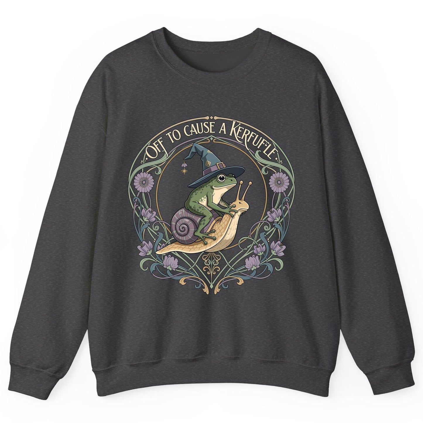 Off to Cause a Kerfuffle frog riding a snail Sweatshirt Dark Heather product mockup