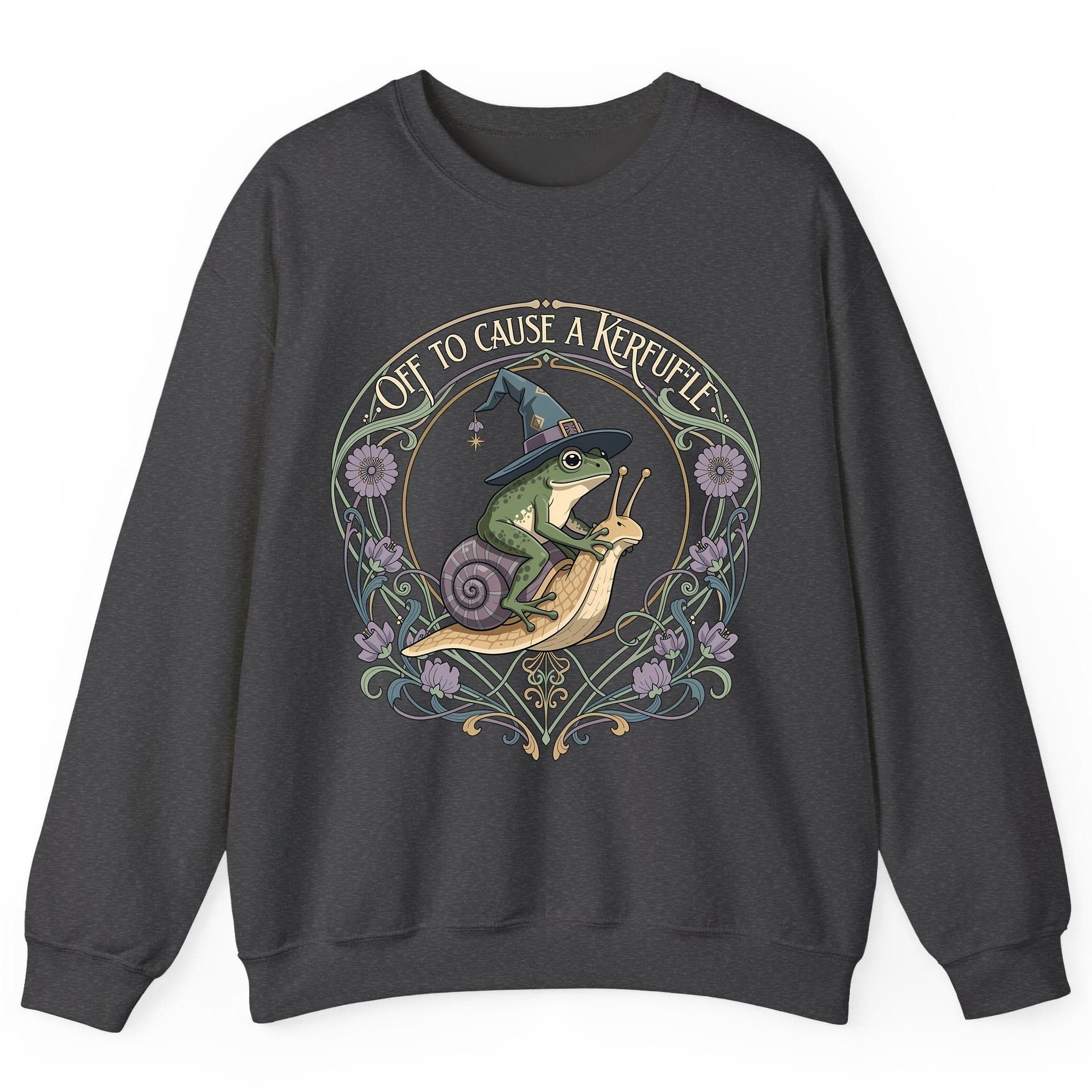 Off to Cause a Kerfuffle frog riding a snail Sweatshirt Dark Heather product mockup
