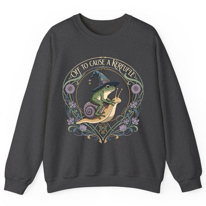 Off to Cause a Kerfuffle frog riding a snail Sweatshirt Dark Heather product mockup