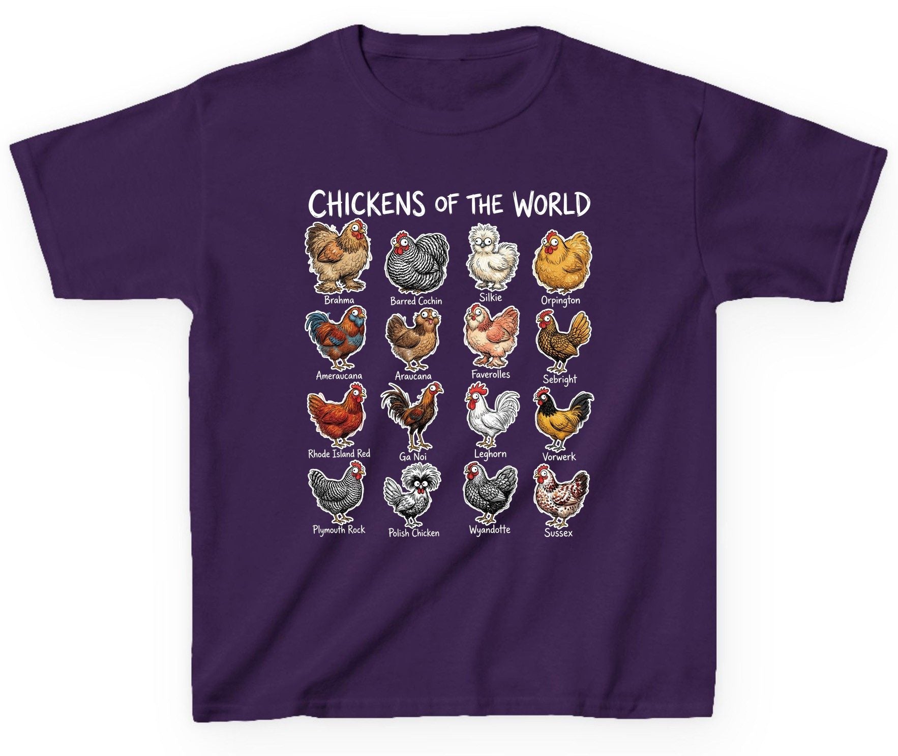 Chickens of the World chicken breeds Youth T-Shirt Purple product mockup