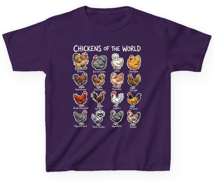 Chickens of the World chicken breeds Youth T-Shirt Purple product mockup