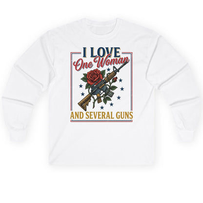 I LOVE One Woman AND Several GUNS Funny Pro-Gun Long Sleeve Tee - product mockup - White