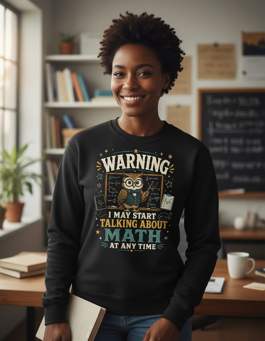 Warning I May Start Talking About Math at Any Time Funny Teachers Sweatshirt - lifestyle model mockup - Black