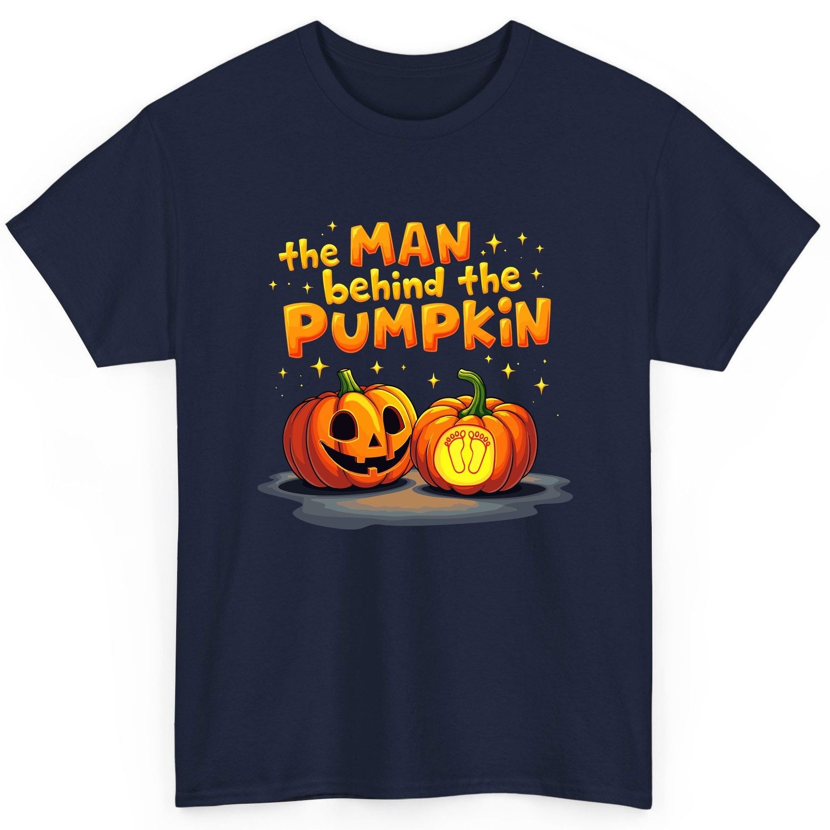 The Man Behind the Pumpkin Halloween pregnancy announcement T-Shirt Navy product mockup