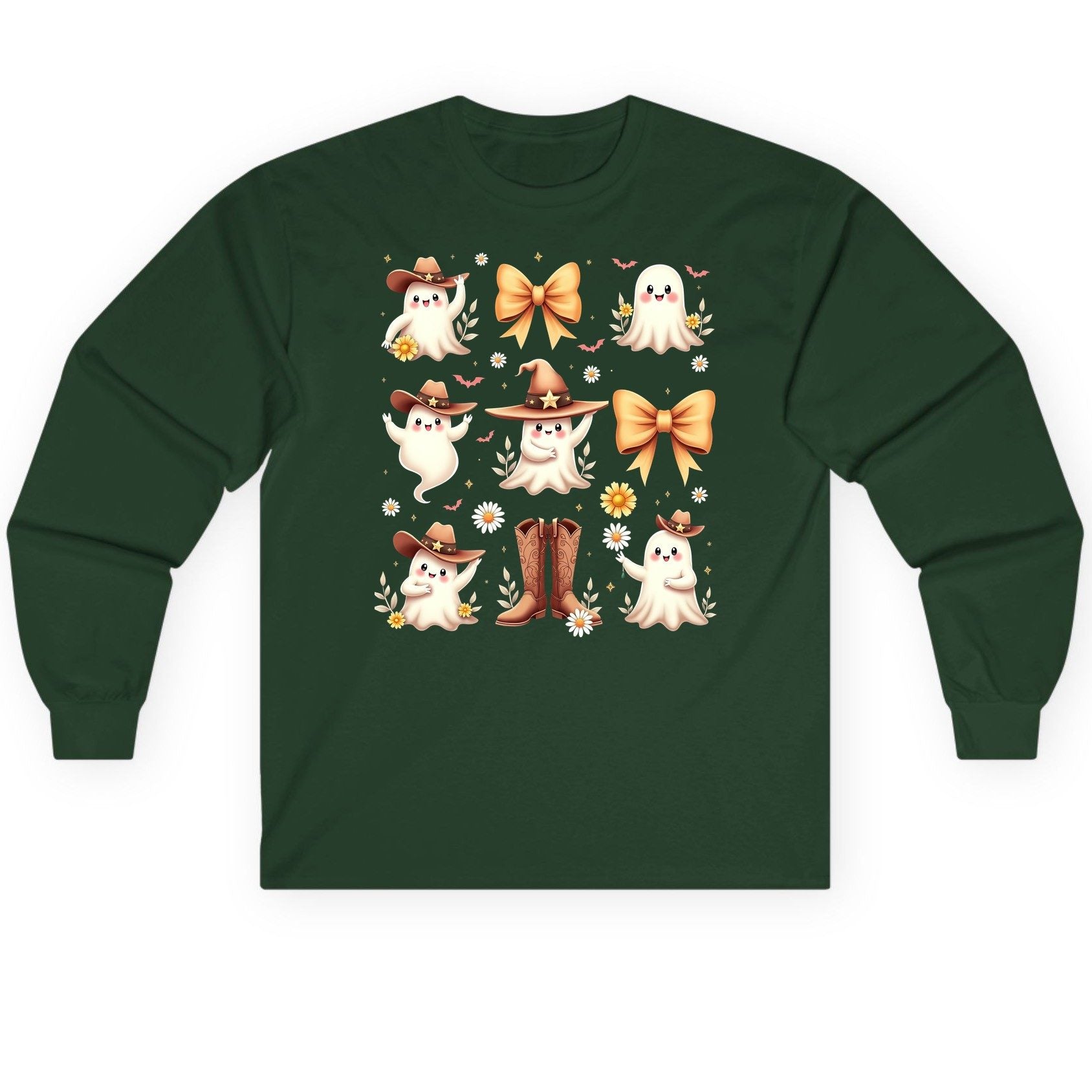 Boo Haw Cute Ghost cute ghost Long Sleeve Tee Forest Green product mockup