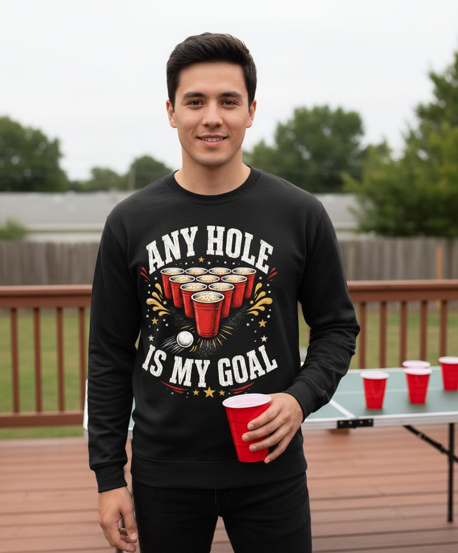 Any Hole Is My Goal Funny Beer Pong Sweatshirt - lifestyle model mockup - Black