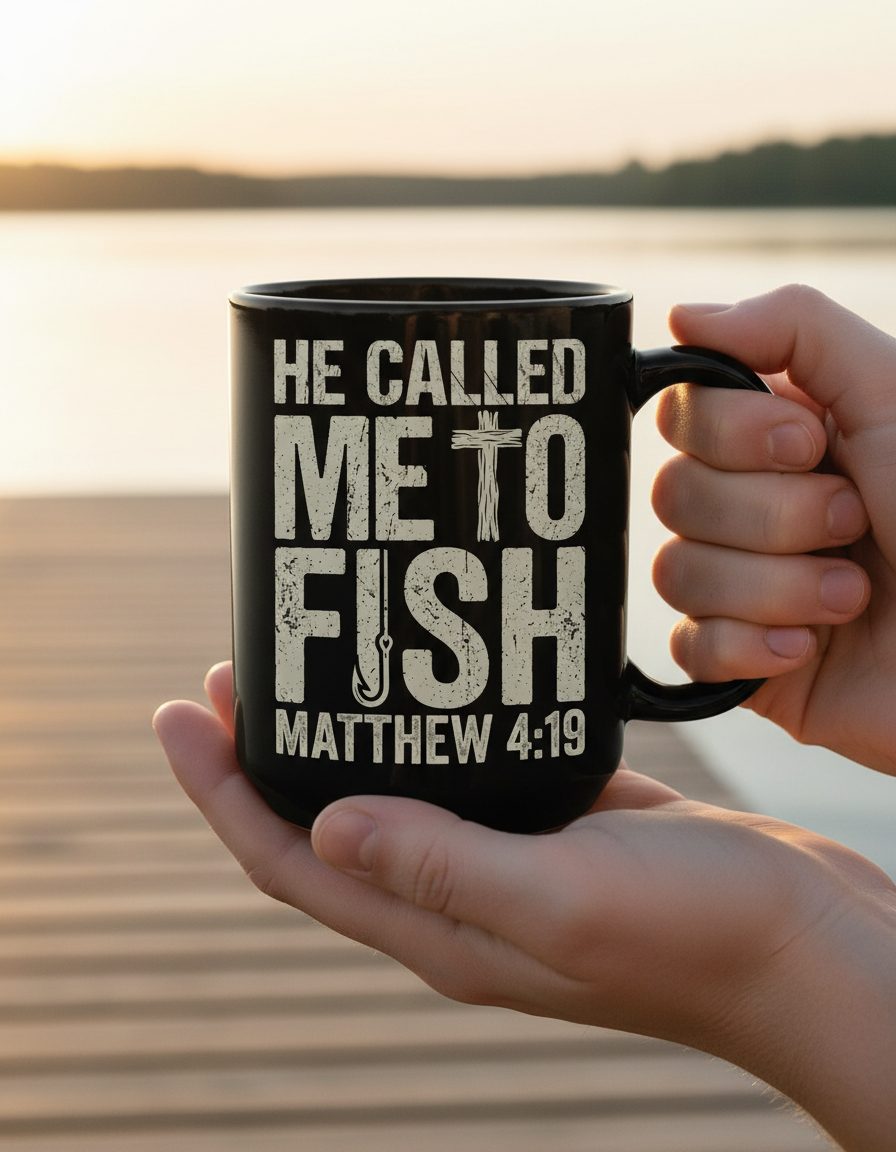 He Called Me to Fish Matthew 4 19 Christian Fishing Black Mug - lifestyle model mockup - Black
