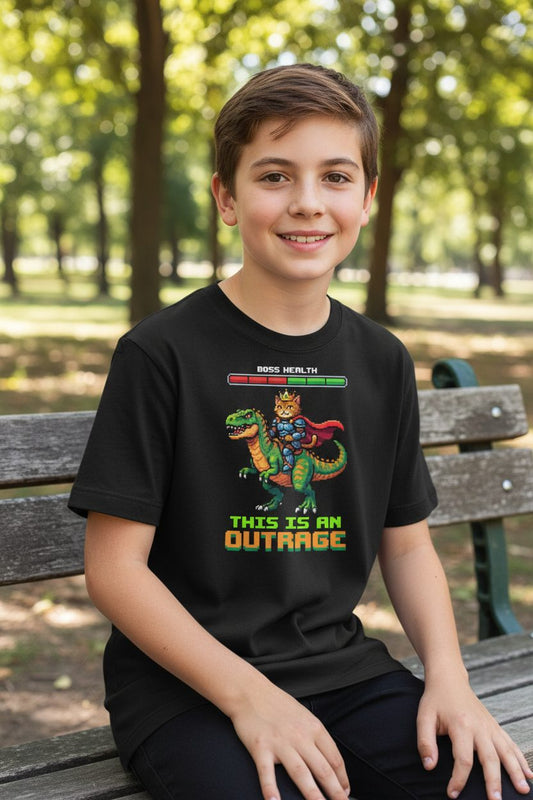 THIS IS AN OUTRAGE Cat riding a dinosaur Youth T-Shirt Black lifestyle mockup