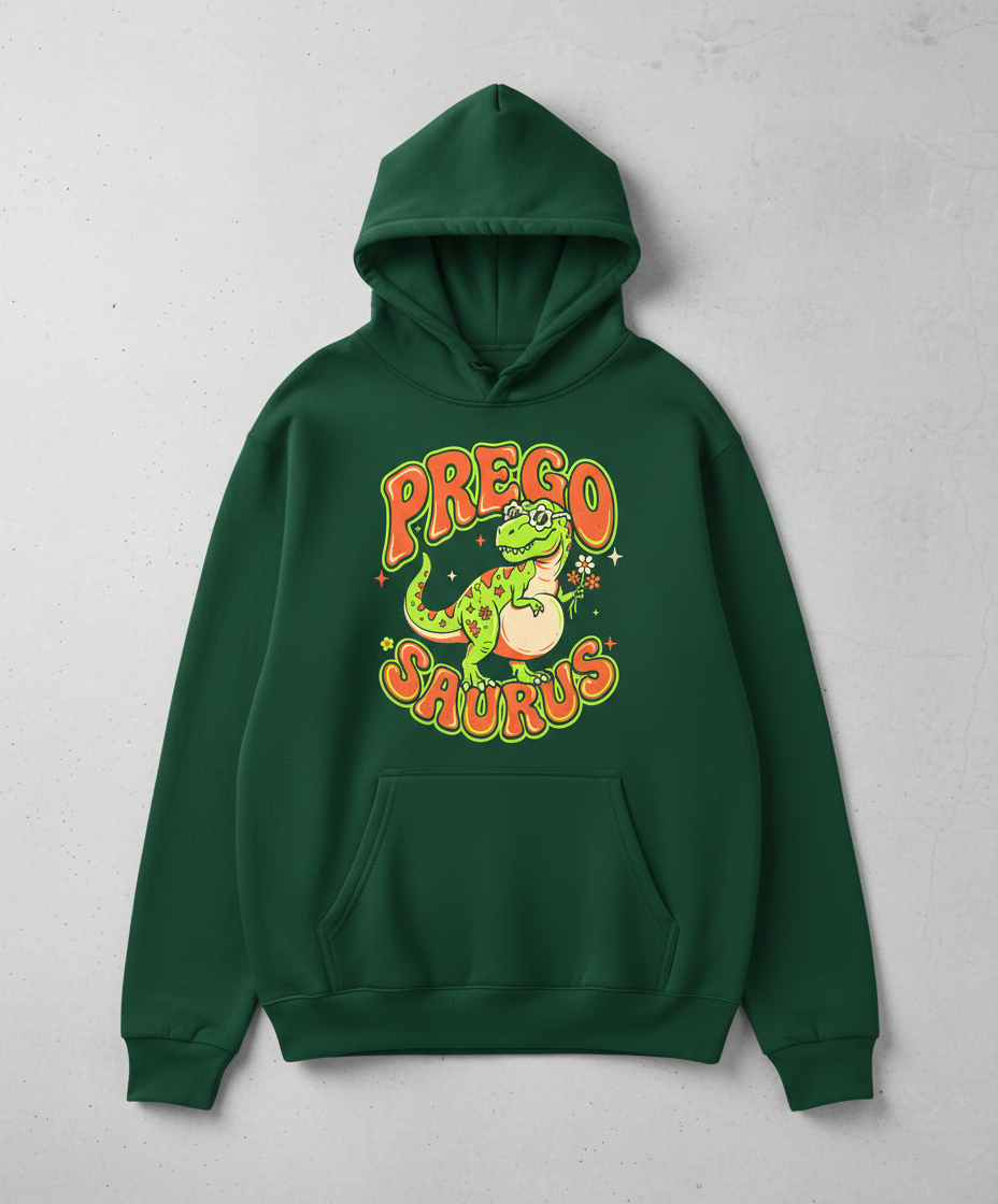 Prego Saurus Retro Pregnant Dinosaur Hoodie - Forest Green