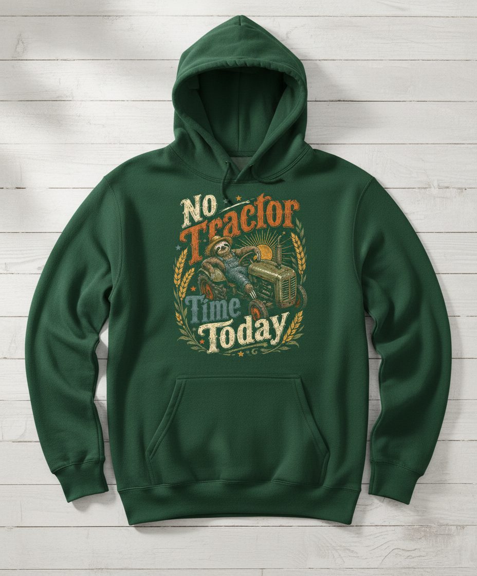 No Tractor Time Today Funny Sloth Hoodie - product mockup - Forest Green