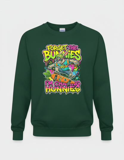 Funny 90s Skater Rabbit Chasing Hunnies Sweatshirt - Forest Green