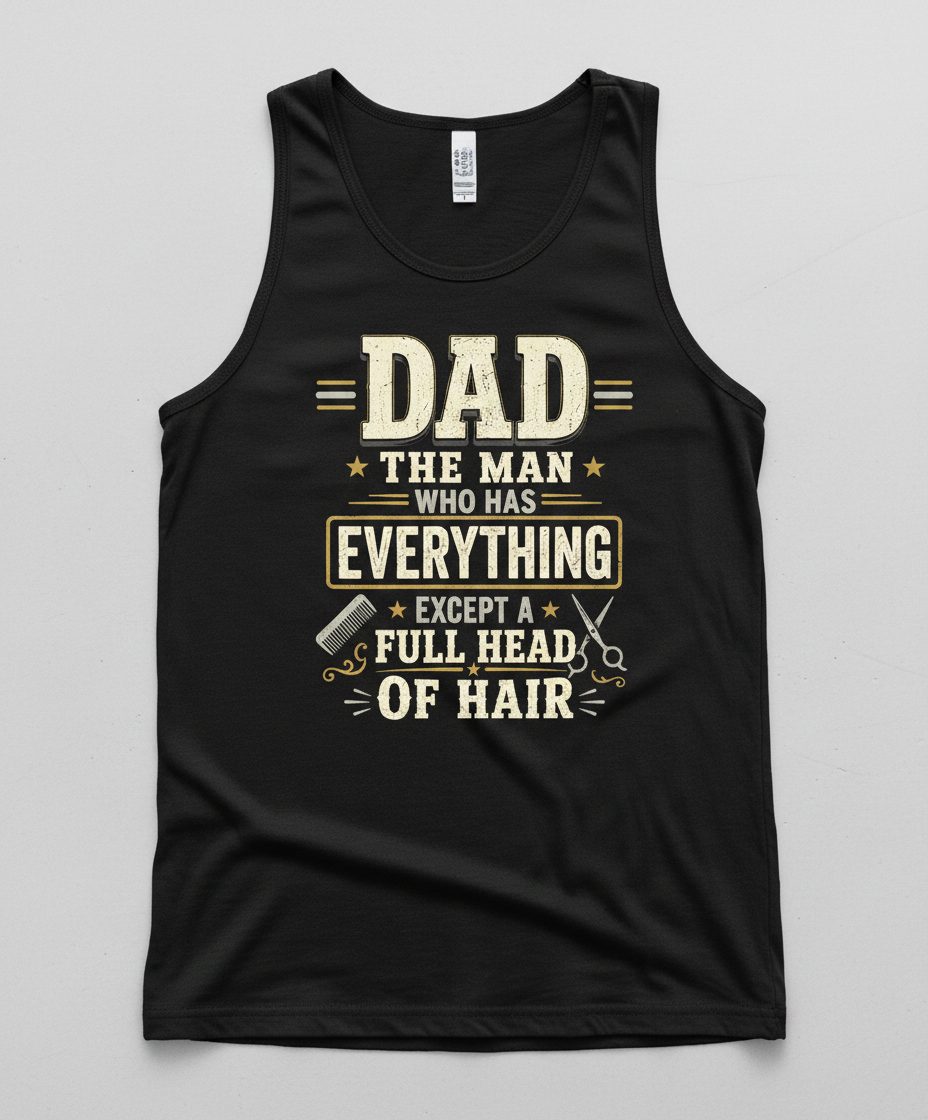 Dad the Man Who Has Everything Except a Full Head of Hair Funny Tank Top - product mockup - Black