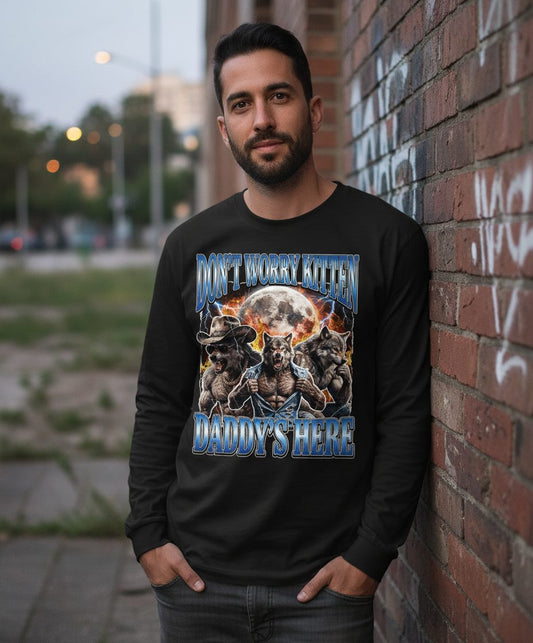 Don't Worry Kitten Daddy's Here werewolf Long Sleeve Tee Black lifestyle mockup