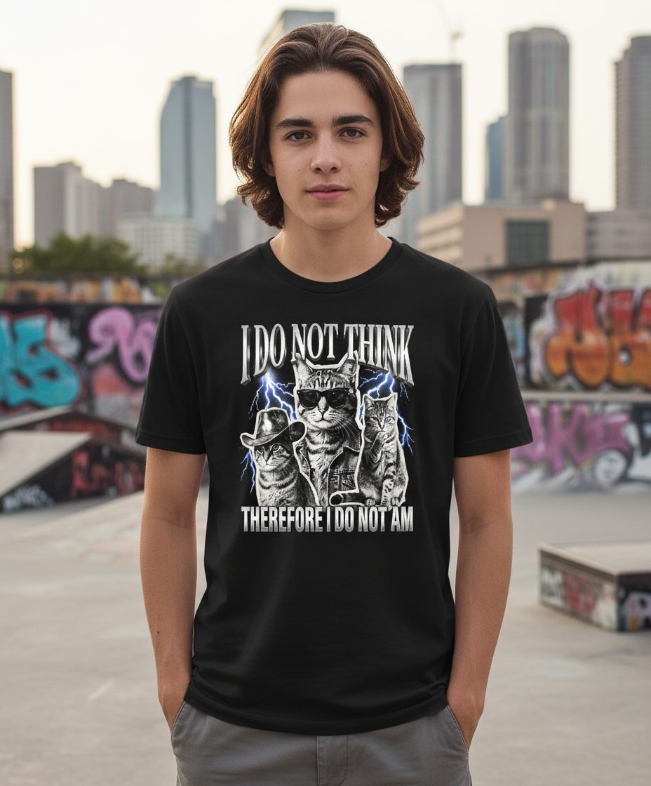 I Do Not Think Therefore I Do Not Am cats Youth T-Shirt Black lifestyle mockup