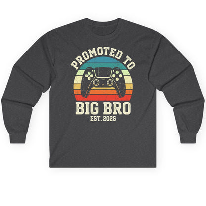 Promoted TO BIG BRO EST 2026 Retro Gaming Long Sleeve Tee - product mockup - Dark Heather