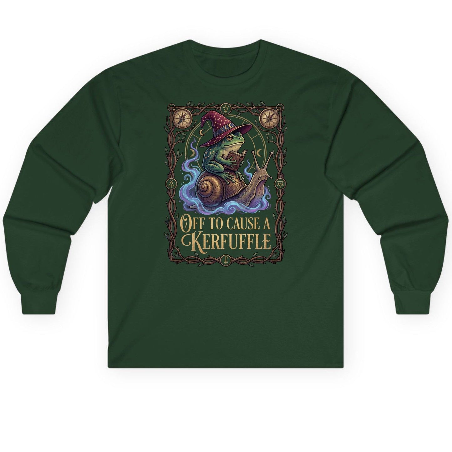 Off to Cause a Kerfuffle frog wizard Long Sleeve Tee Forest Green product mockup