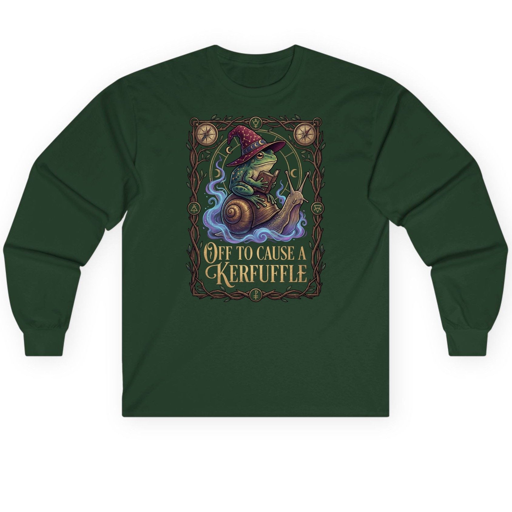 Off to Cause a Kerfuffle frog wizard Long Sleeve Tee Forest Green product mockup