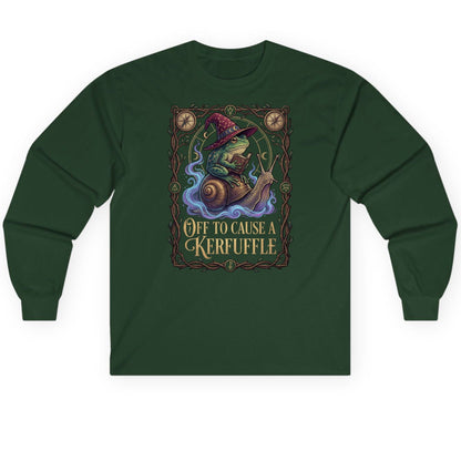 Off to Cause a Kerfuffle frog wizard Long Sleeve Tee Forest Green product mockup