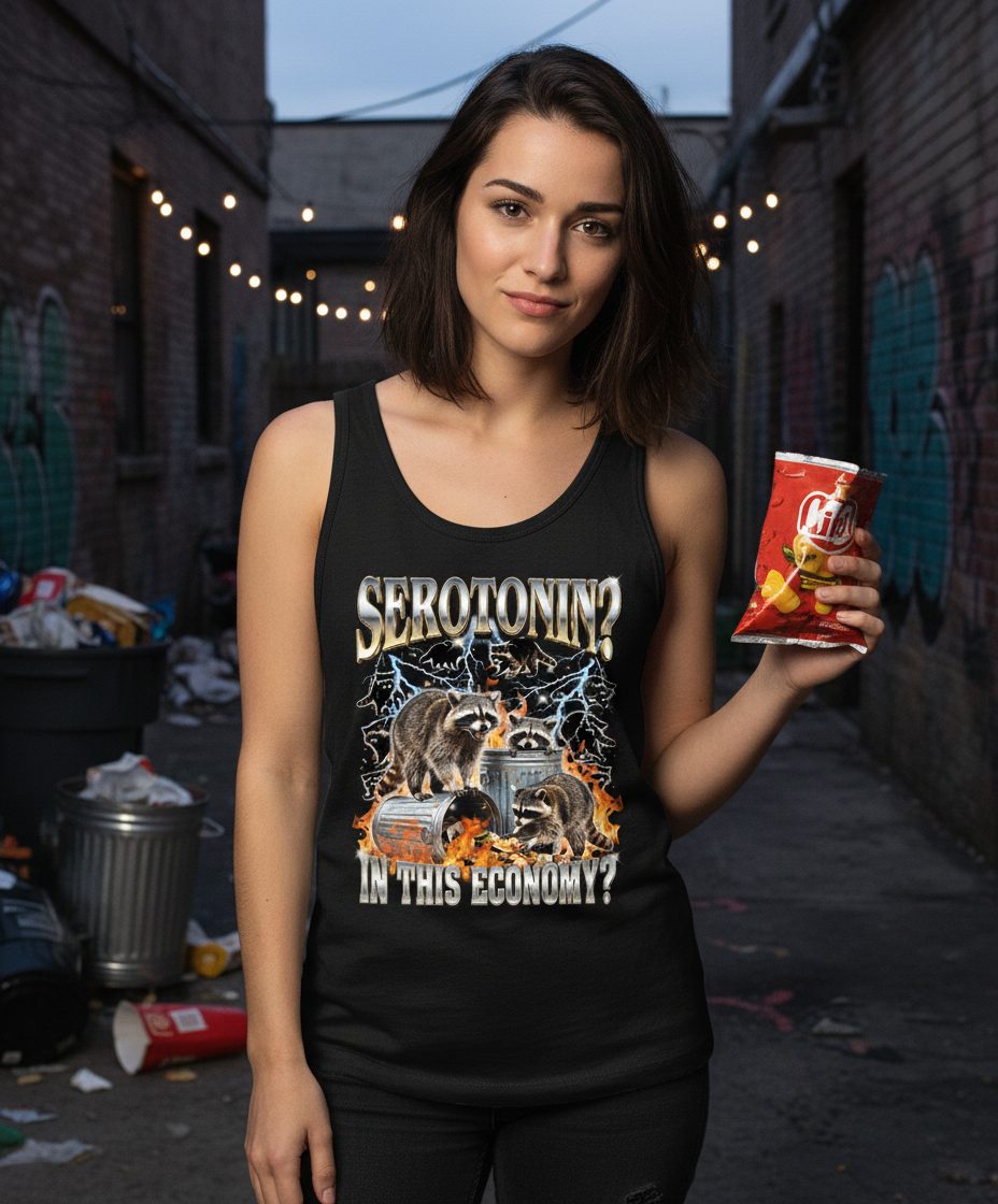 Serotonin in This Economy? raccoons Tank Top Black lifestyle mockup
