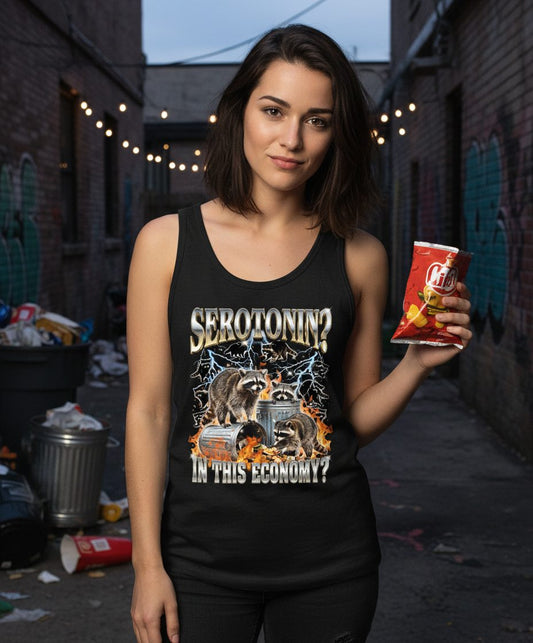 Serotonin in This Economy? raccoons Tank Top Black lifestyle mockup