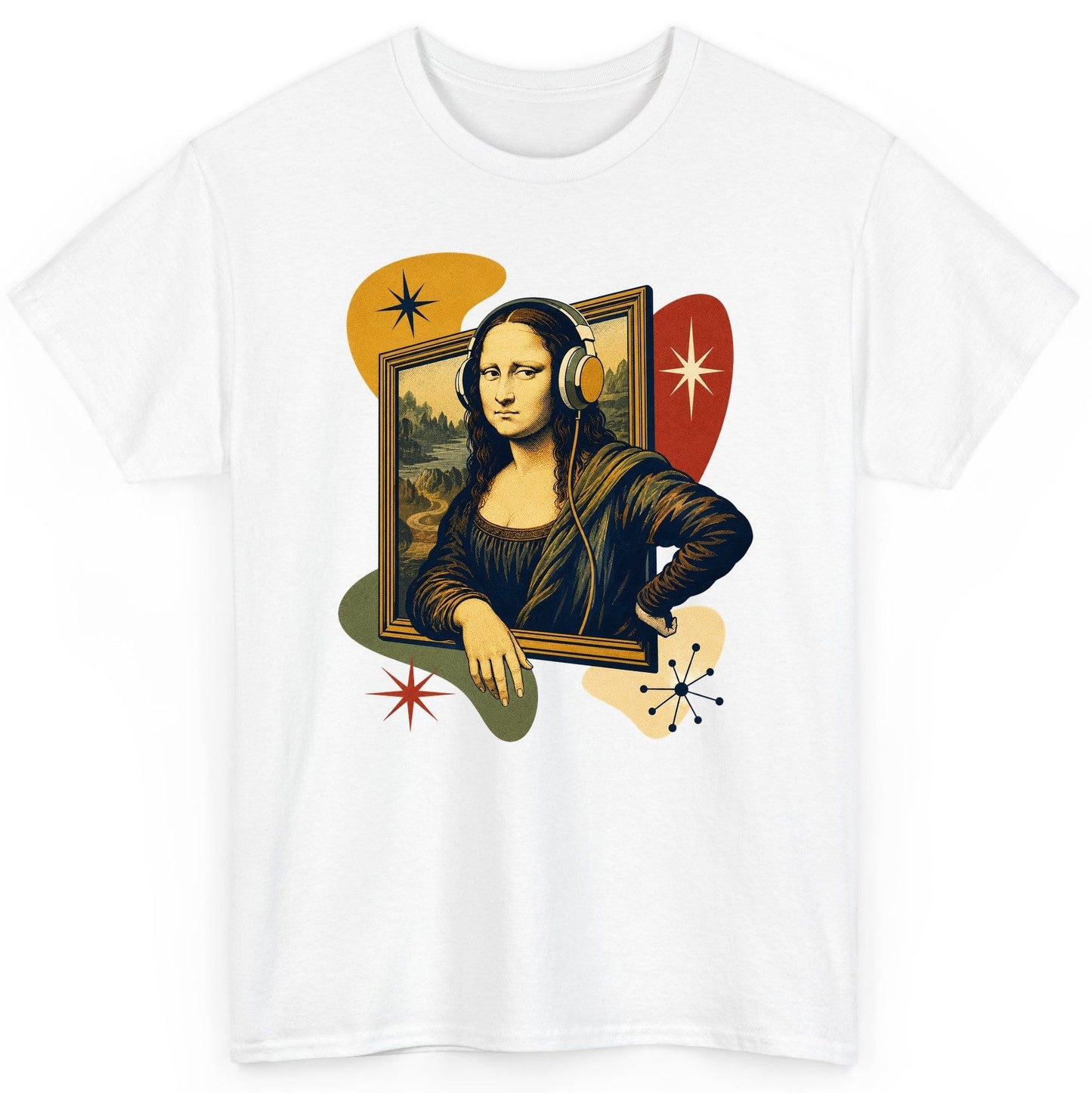 Retro Mona Lisa with Headphones Funny Art Lovers T-Shirt - product mockup - White