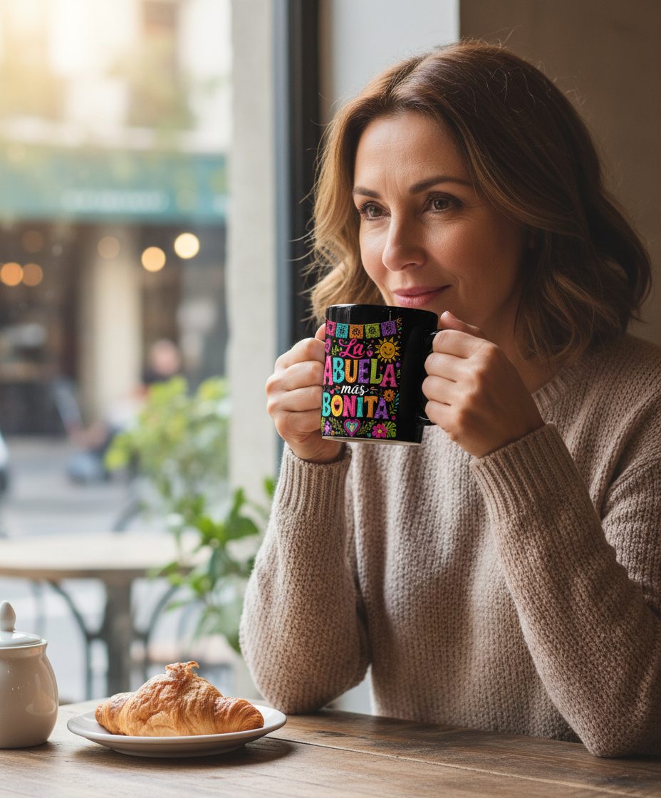 La Abuela Más Bonita Spanish Grandma Black Mug - lifestyle model mockup - Black