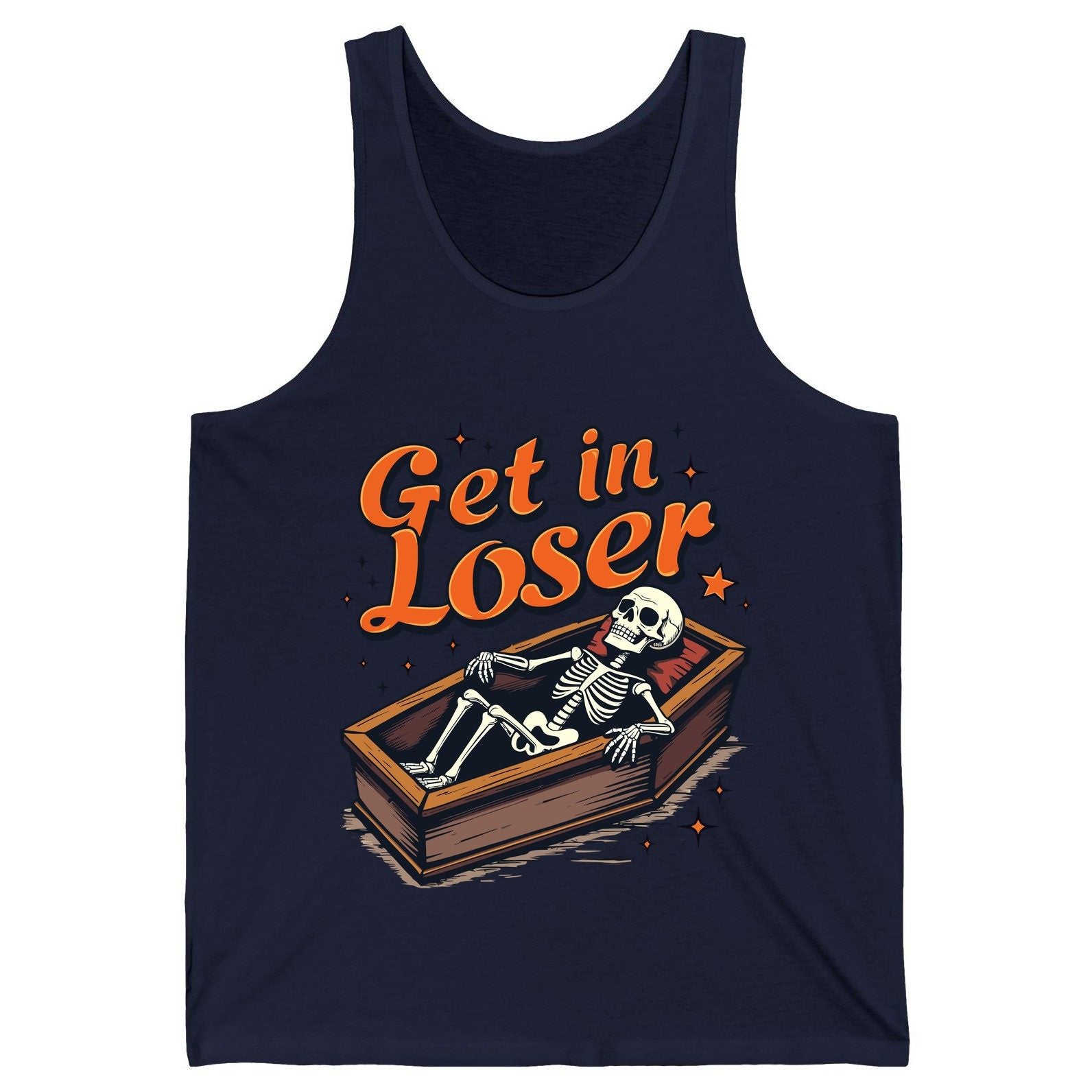 Get in Loser skeleton in coffin Tank Top Navy product mockup