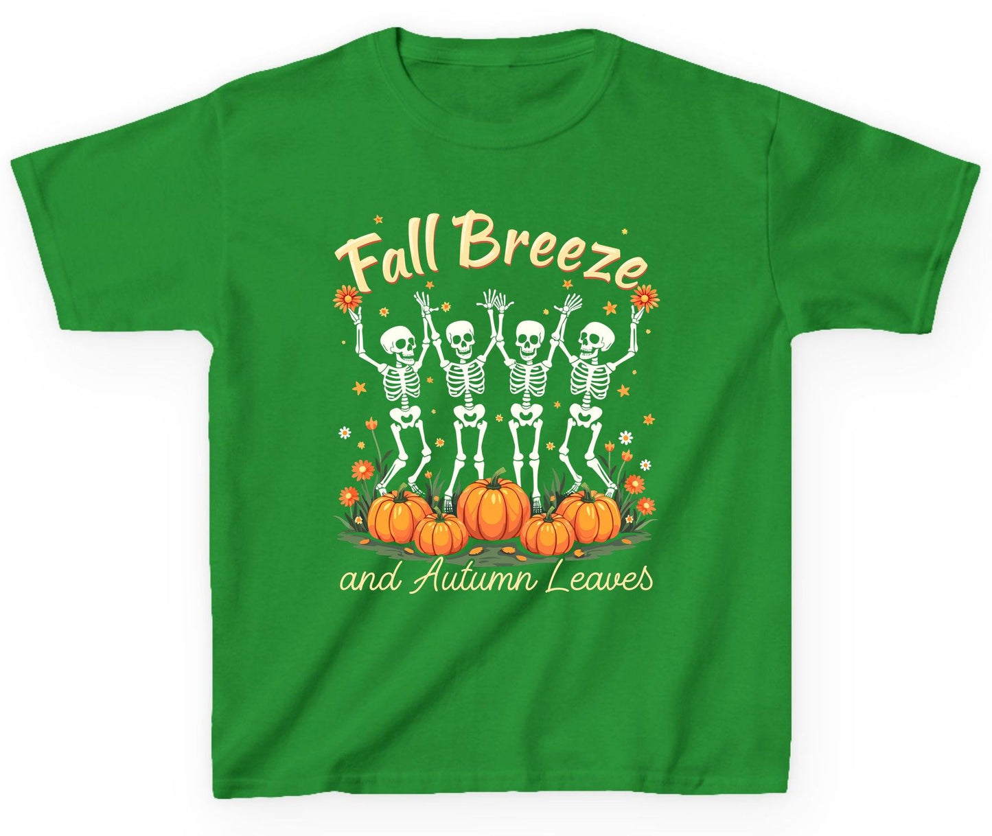 Fall Breeze and Autumn Leaves dancing skeletons Youth T-Shirt Irish Green product mockup