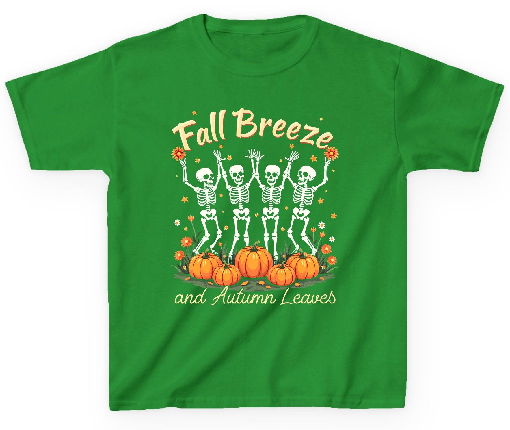 Fall Breeze and Autumn Leaves dancing skeletons Youth T-Shirt Irish Green product mockup