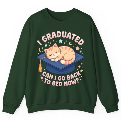 I Graduated CAN I GO BACK TO BED NOW Funny Graduation Cat Sweatshirt - product mockup - Forest Green