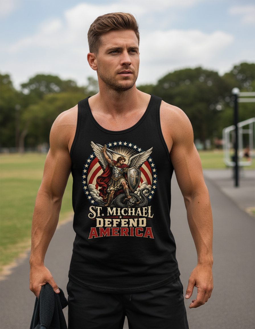 St Michael Defend America Patriotic Christian Tank Top - lifestyle model mockup - Black