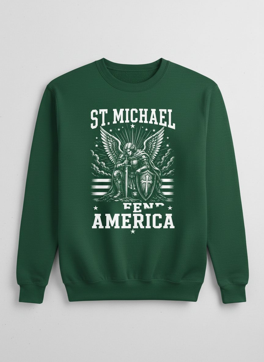 St Michael Defend America Patriotic Christian Sweatshirt - product mockup - Forest Green