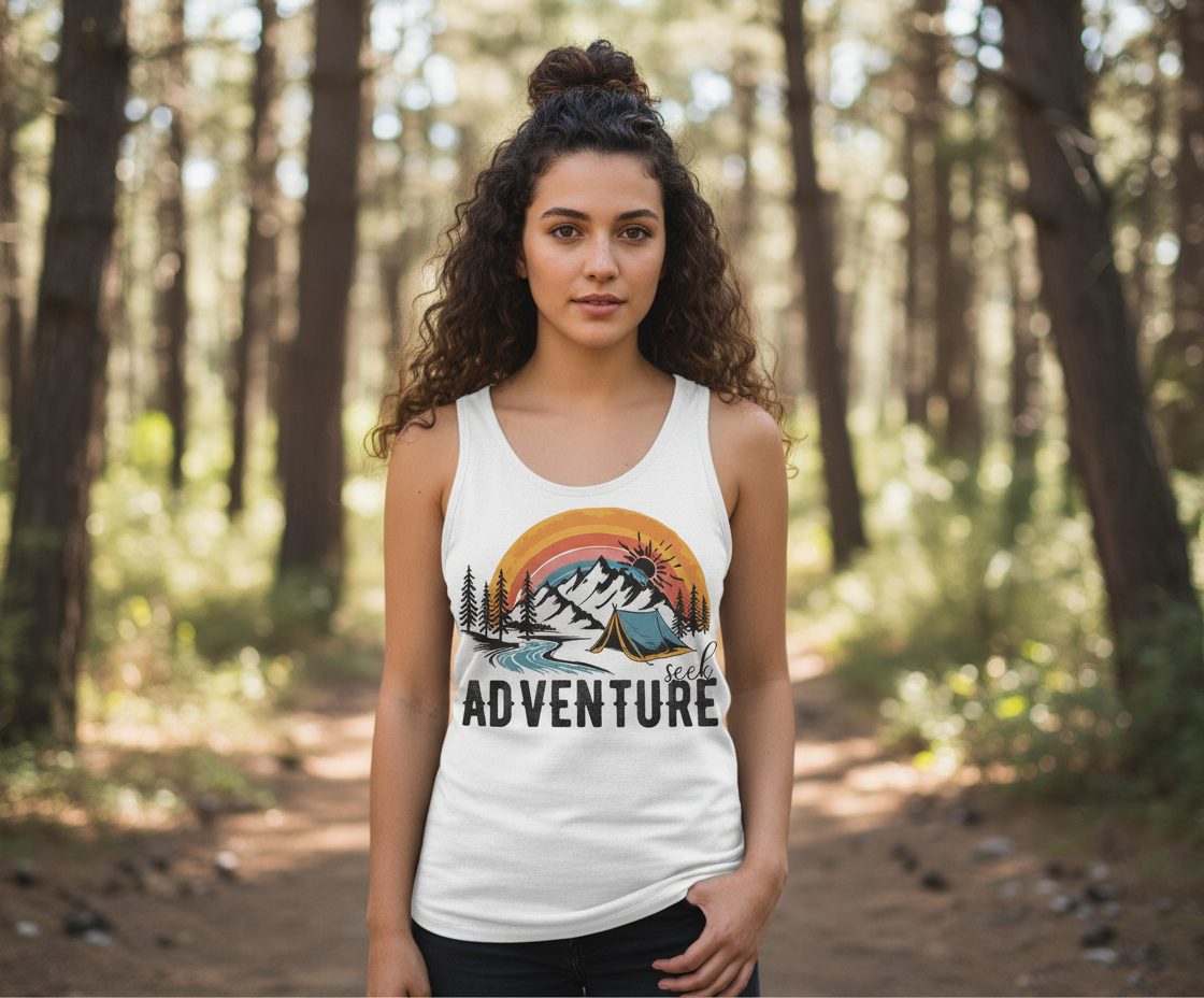 Seek Adventure camping Tank Top White lifestyle mockup