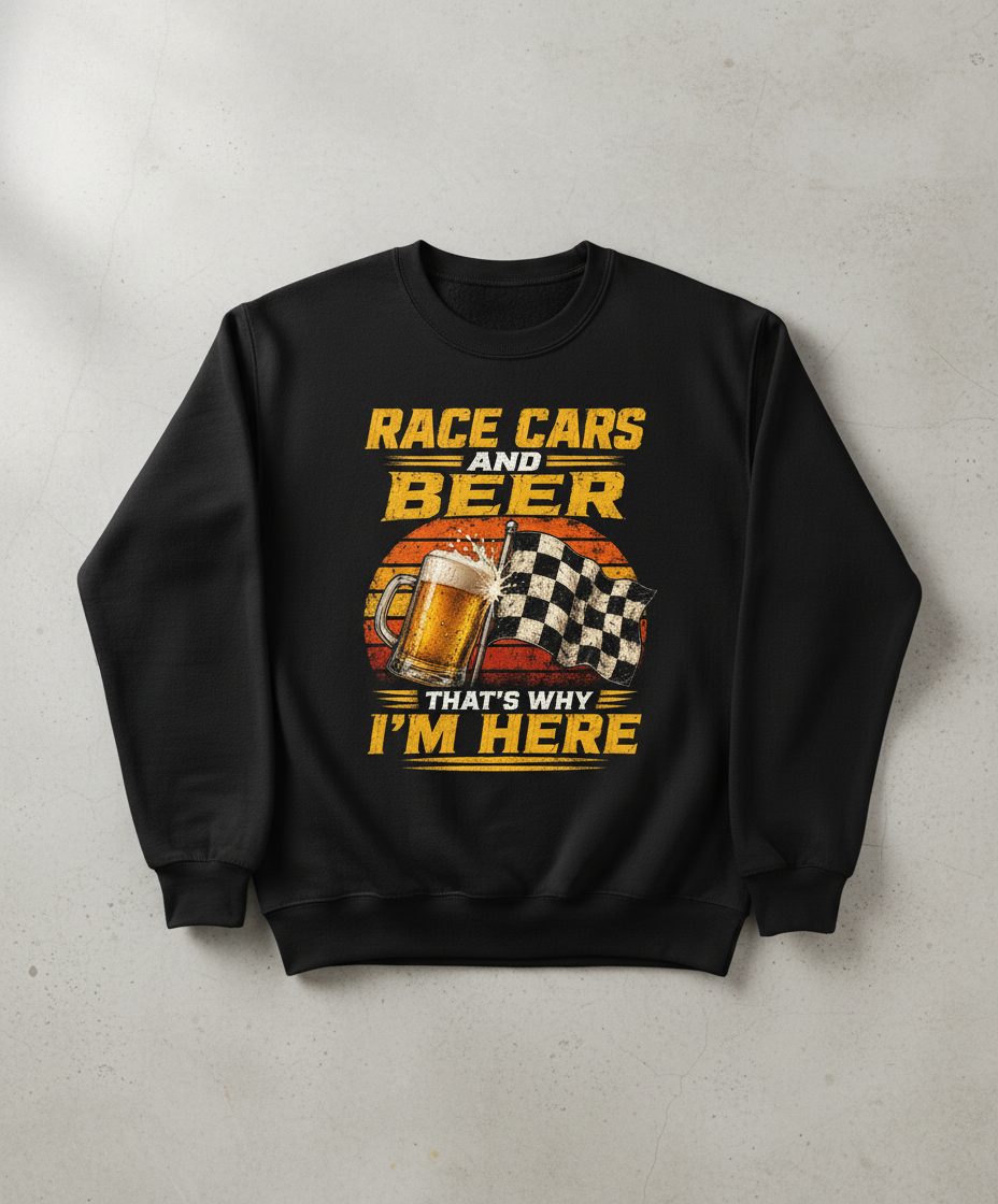 Race Cars and Beer That's Why I'm Here Funny Racing Sweatshirt - product mockup - Black