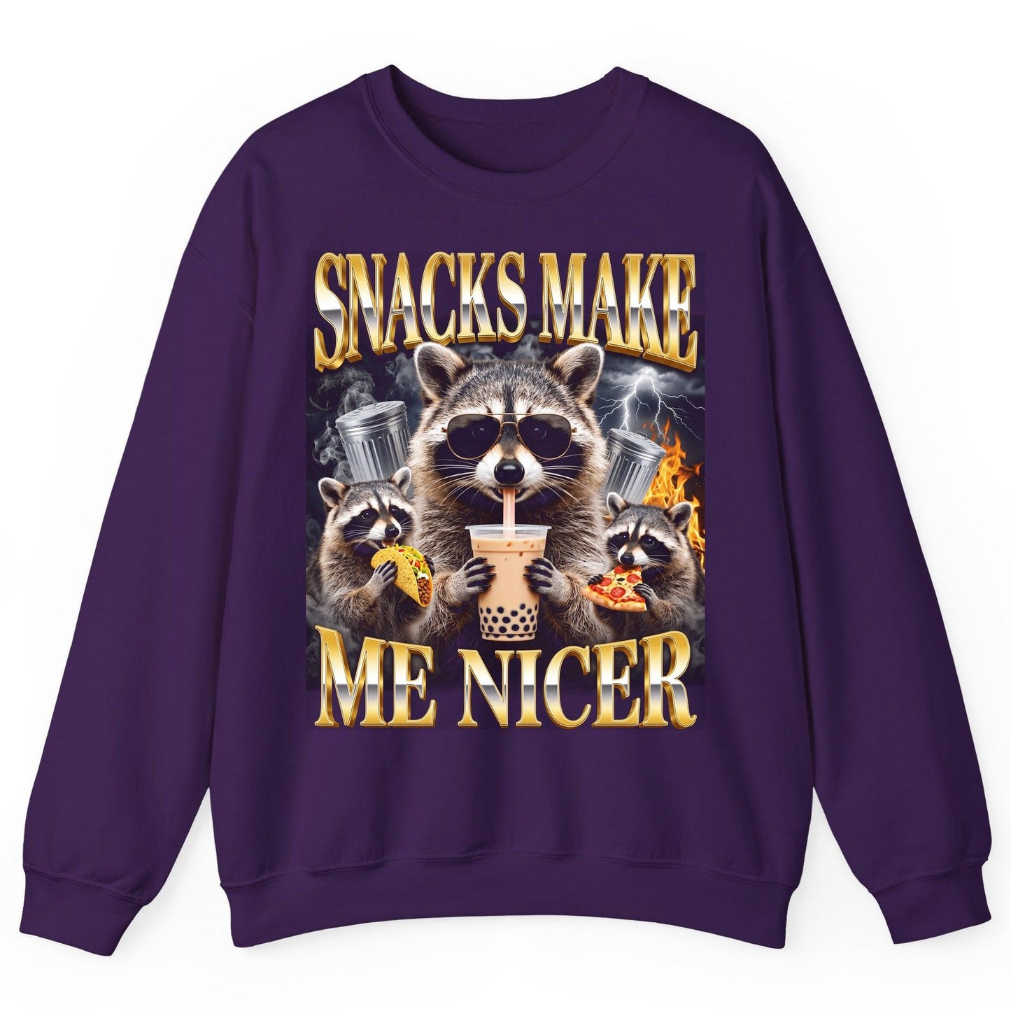 SNACKS MAKE ME NICER Funny Raccoon Sweatshirt - product mockup - Purple