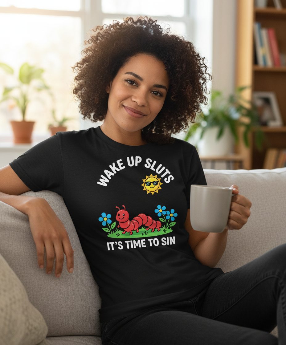 Wake Up Sluts It's Time to Sin Funny Sarcastic Humor T-Shirt - lifestyle model mockup - Black