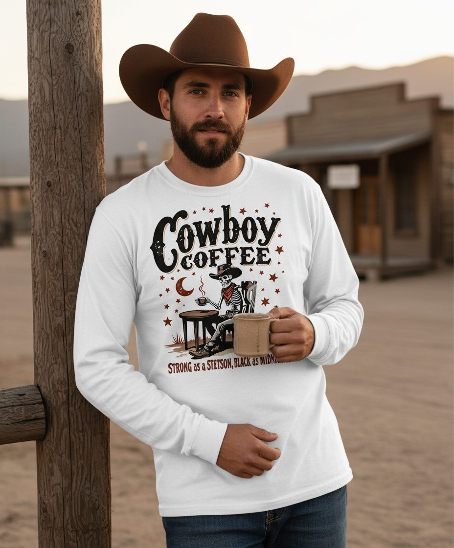 Cowboy Coffee Strong as a Stetson, Black as Midnight cowboy skeleton Long Sleeve Tee White lifestyle mockup